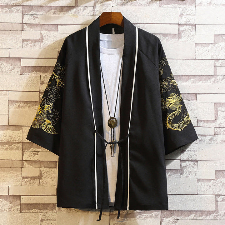 Buddha Stones Embroidery Dragon Phoenix Auspicious Cloud Waves Leaves Cranes Open Front Jacket Men's Kimono - Golden Dragon Phoenix-Black - US/UK/AU46,EU56 (5XL) - image 18