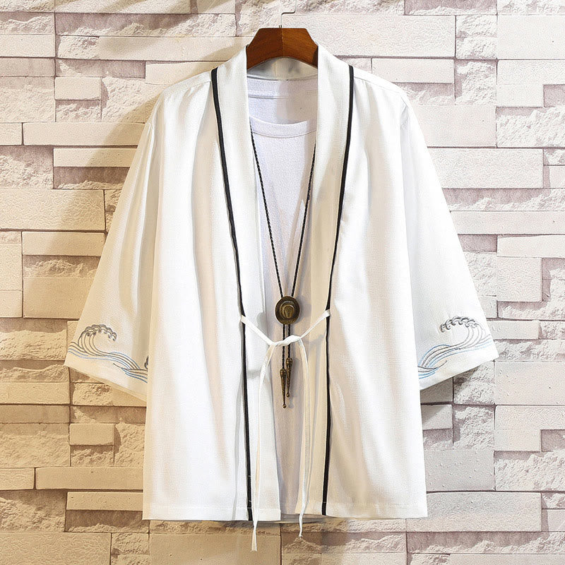 Buddha Stones Embroidery Dragon Phoenix Auspicious Cloud Waves Leaves Cranes Open Front Jacket Men's Kimono - Ocean Waves-White - US/UK/AU46,EU56 (5XL) - image 39