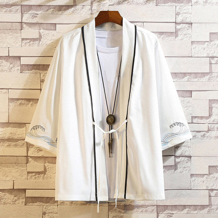 Buddha Stones Embroidery Dragon Phoenix Auspicious Cloud Waves Leaves Cranes Open Front Jacket Men's Kimono - Ocean Waves-White - US/UK/AU46,EU56 (5XL) - image 39