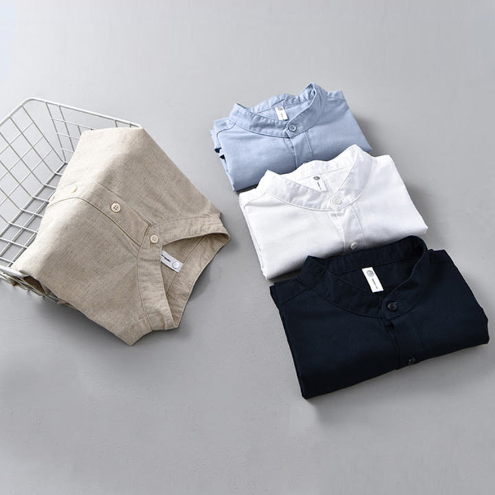 Buddha Stones Summer Solid Color Men's Half Button Short Sleeve Cotton Linen Shirt