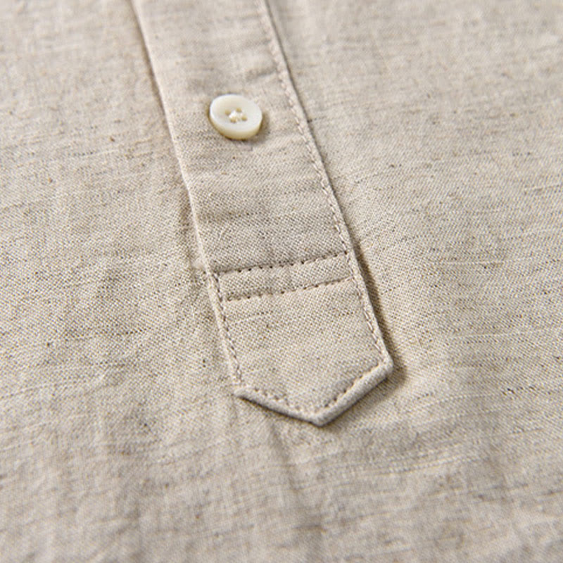 Buddha Stones Summer Solid Color Men's Half Button Short Sleeve Cotton Linen Shirt