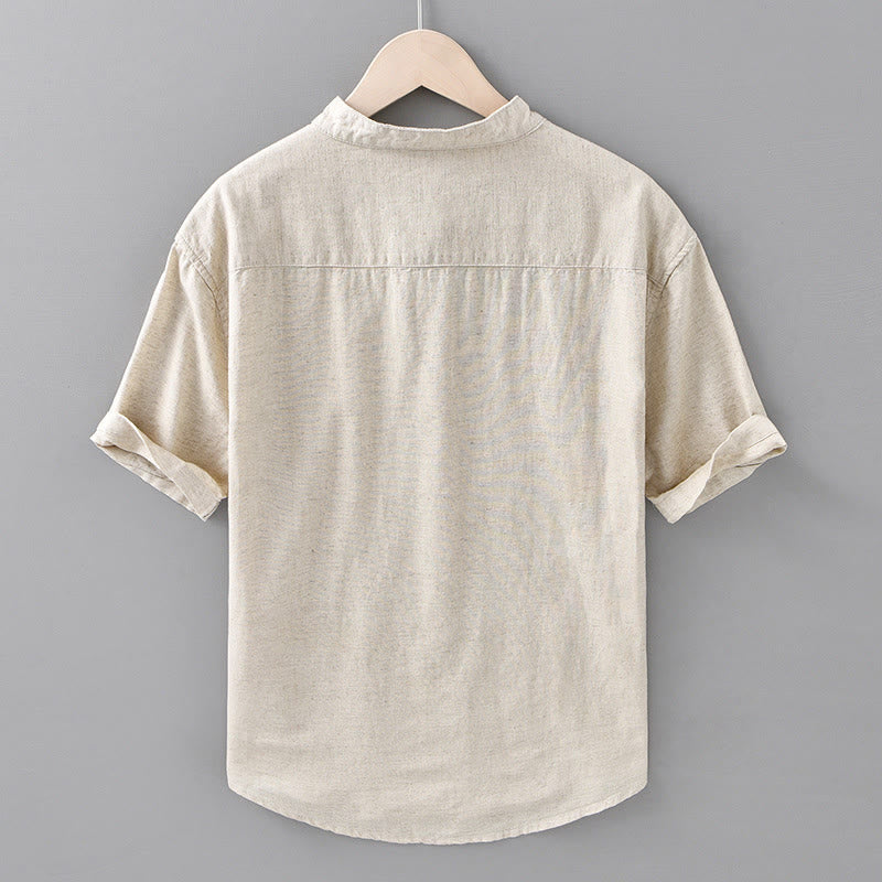 Buddha Stones Summer Solid Color Men's Half Button Short Sleeve Cotton Linen Shirt