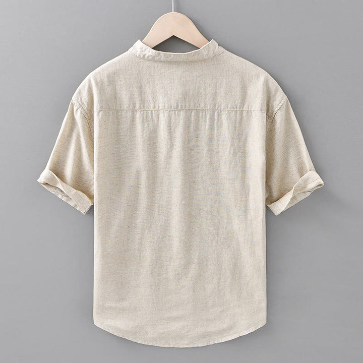 Buddha Stones Summer Solid Color Men's Half Button Short Sleeve Cotton Linen Shirt