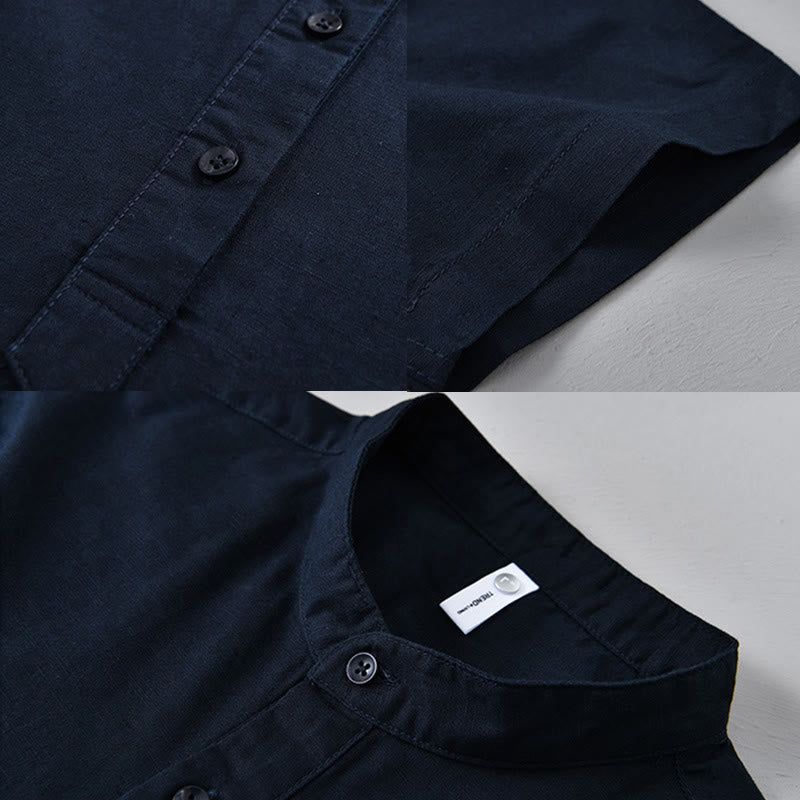 Buddha Stones Summer Solid Color Men's Half Button Short Sleeve Cotton Linen Shirt