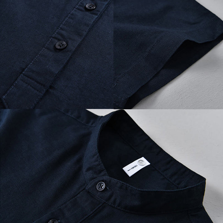 Buddha Stones Summer Solid Color Men's Half Button Short Sleeve Cotton Linen Shirt