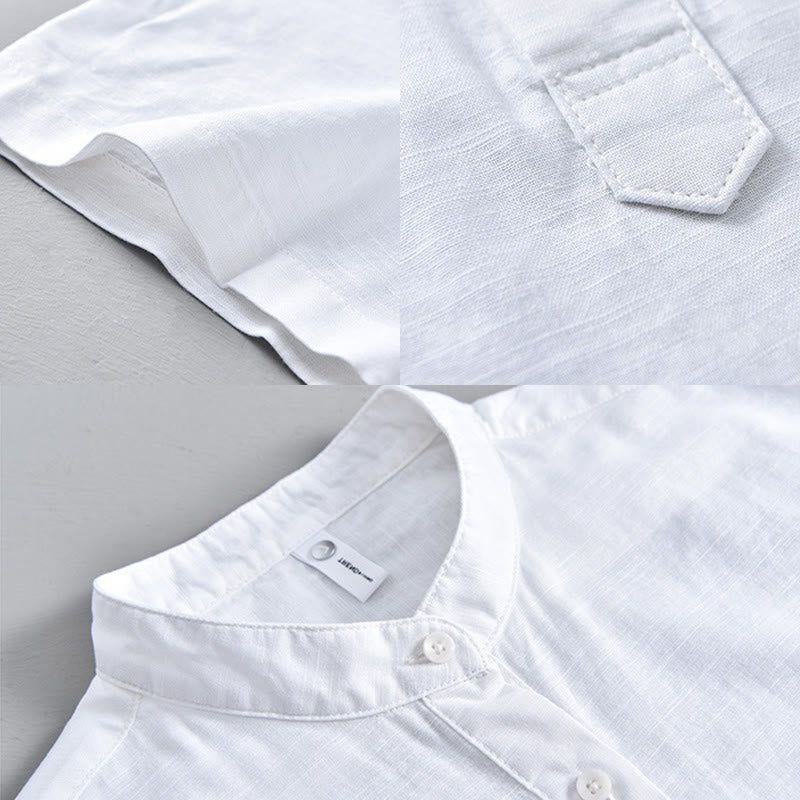 Buddha Stones Summer Solid Color Men's Half Button Short Sleeve Cotton Linen Shirt