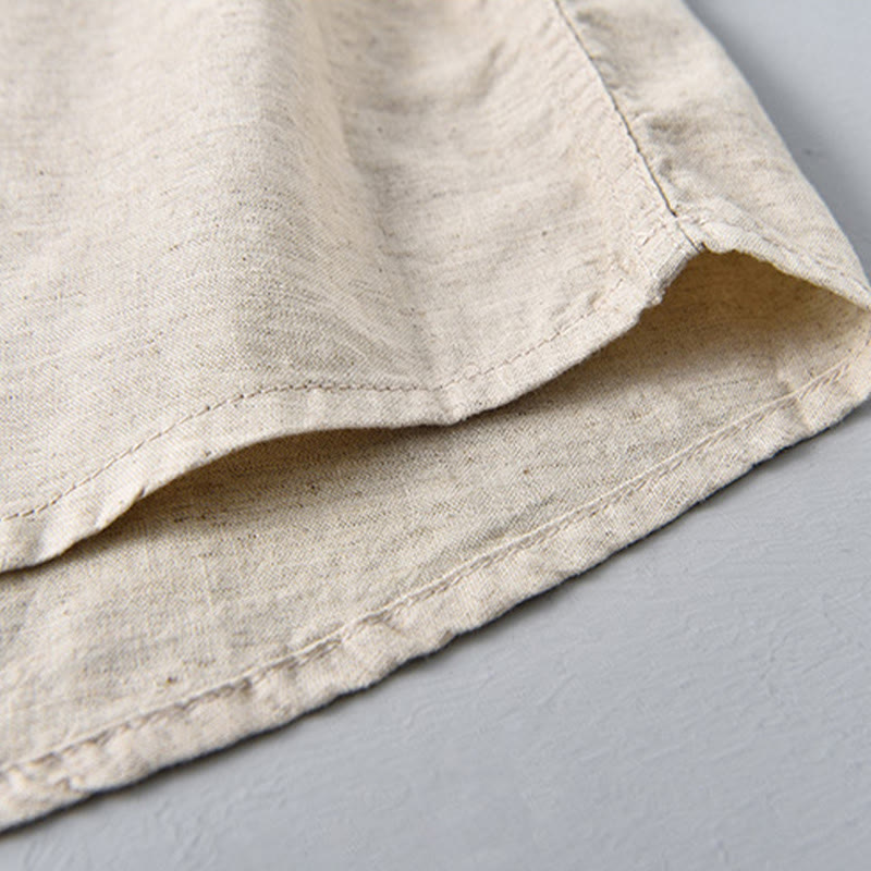 Buddha Stones Summer Solid Color Men's Half Button Short Sleeve Cotton Linen Shirt