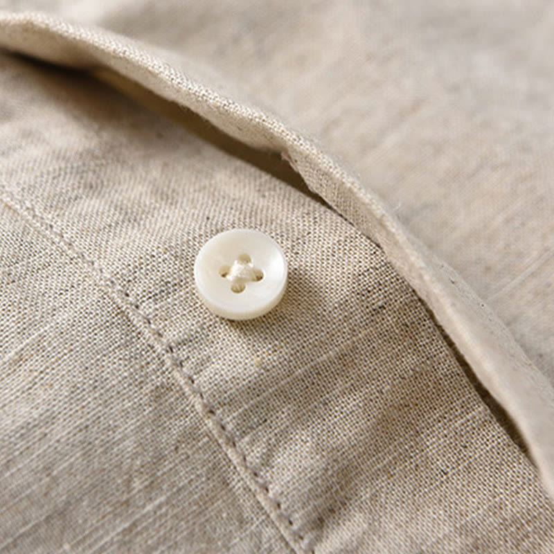 Buddha Stones Summer Solid Color Men's Half Button Short Sleeve Cotton Linen Shirt