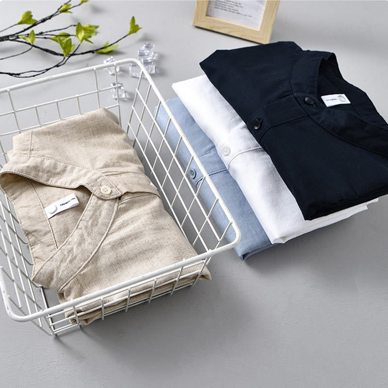 Buddha Stones Summer Solid Color Men's Half Button Short Sleeve Cotton Linen Shirt