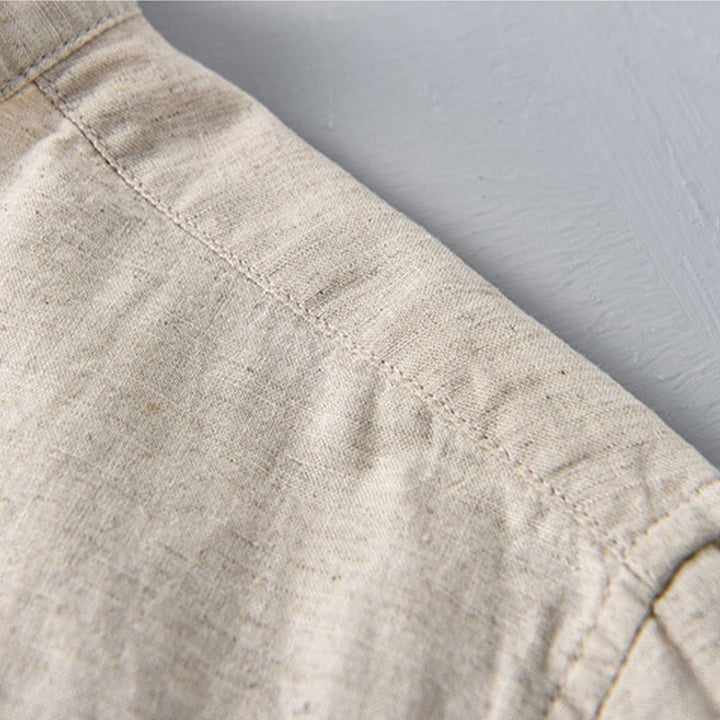 Buddha Stones Summer Solid Color Men's Half Button Short Sleeve Cotton Linen Shirt
