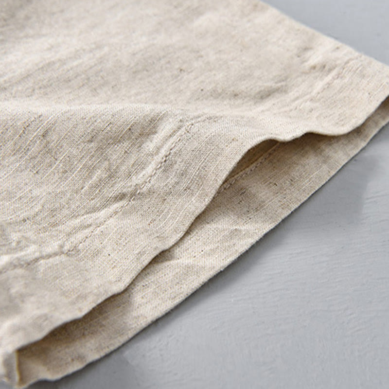 Buddha Stones Summer Solid Color Men's Half Button Short Sleeve Cotton Linen Shirt