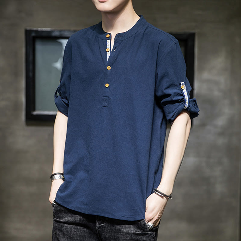 Buddha Stones Summer Solid Men's Half Buttons Half Sleeve Linen Shirt