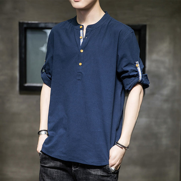 Buddha Stones Summer Solid Men's Half Buttons Half Sleeve Linen Shirt