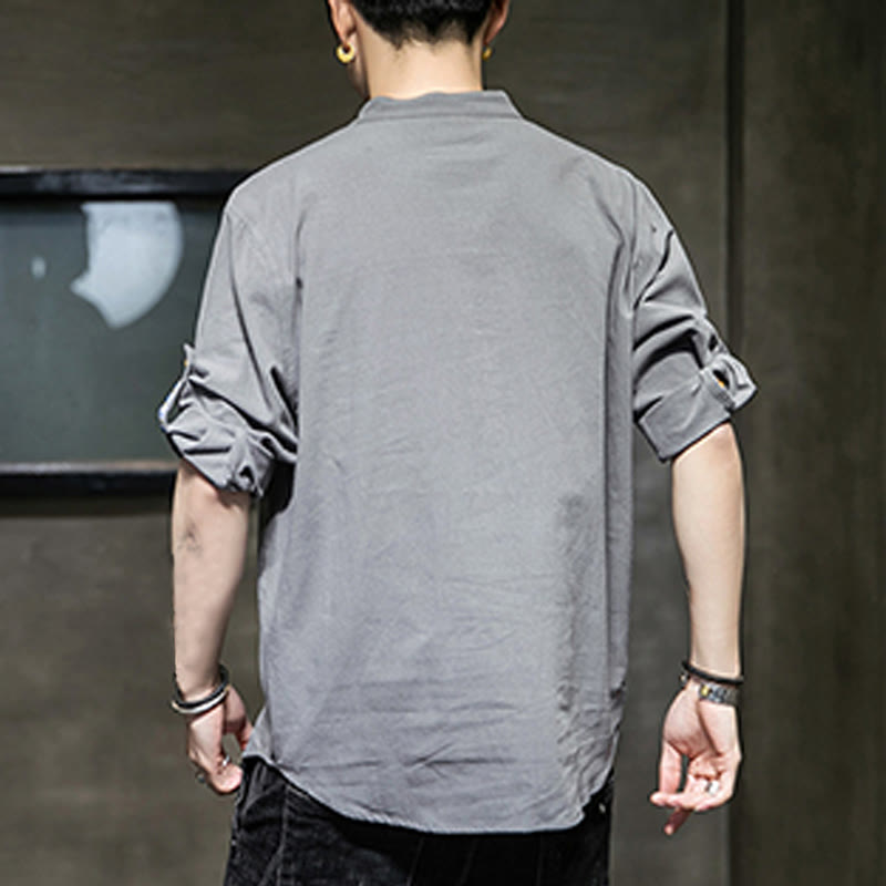 Buddha Stones Summer Solid Men's Half Buttons Half Sleeve Linen Shirt