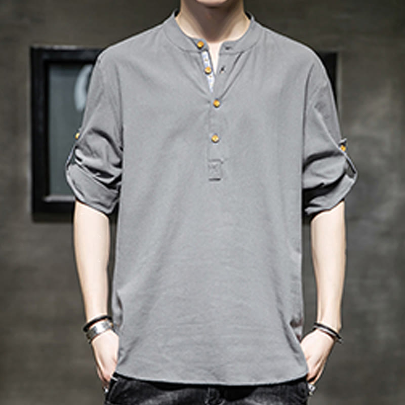 Buddha Stones Summer Solid Men's Half Buttons Half Sleeve Linen Shirt