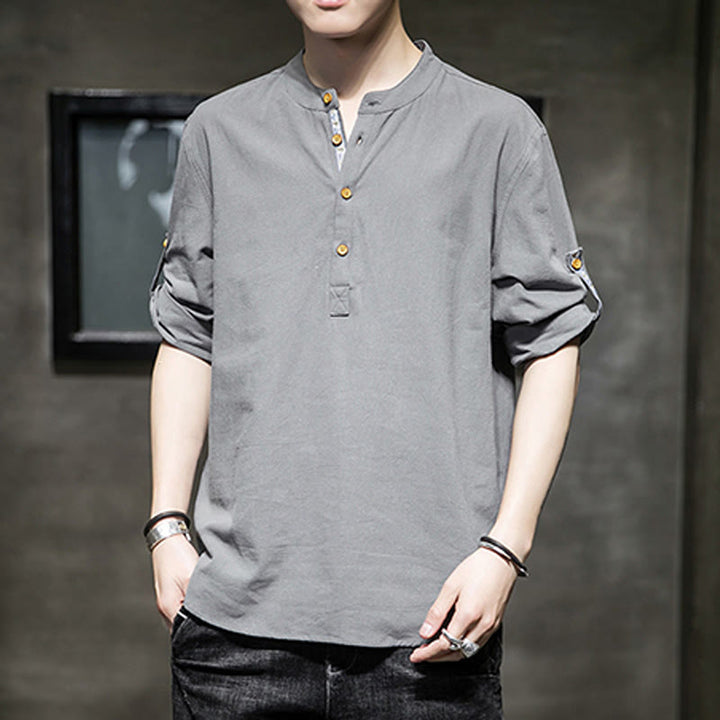 Buddha Stones Summer Solid Men's Half Buttons Half Sleeve Linen Shirt