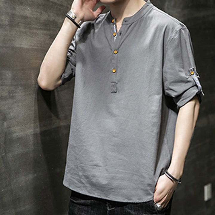 Buddha Stones Summer Solid Men's Half Buttons Half Sleeve Linen Shirt