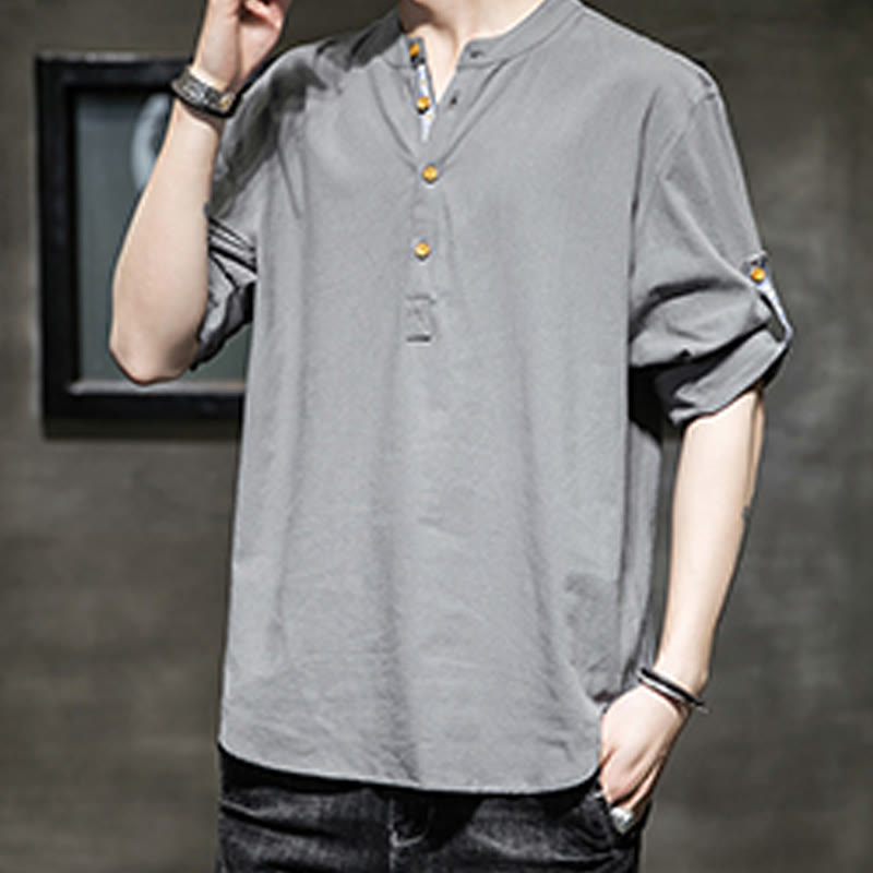 Buddha Stones Summer Solid Men's Half Buttons Half Sleeve Linen Shirt