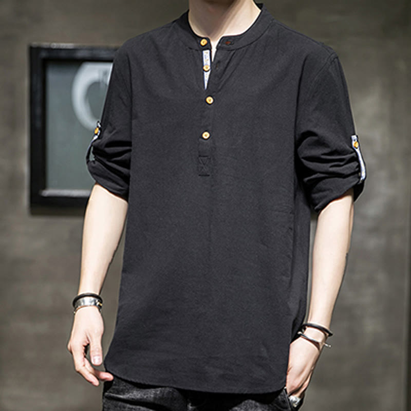 Buddha Stones Summer Solid Men's Half Buttons Half Sleeve Linen Shirt