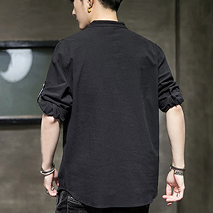 Buddha Stones Summer Solid Men's Half Buttons Half Sleeve Linen Shirt