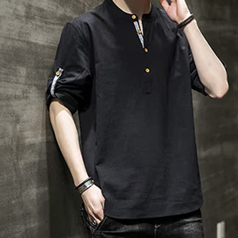 Buddha Stones Summer Solid Men's Half Buttons Half Sleeve Linen Shirt