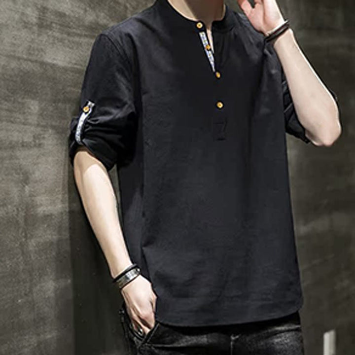 Buddha Stones Summer Solid Men's Half Buttons Half Sleeve Linen Shirt