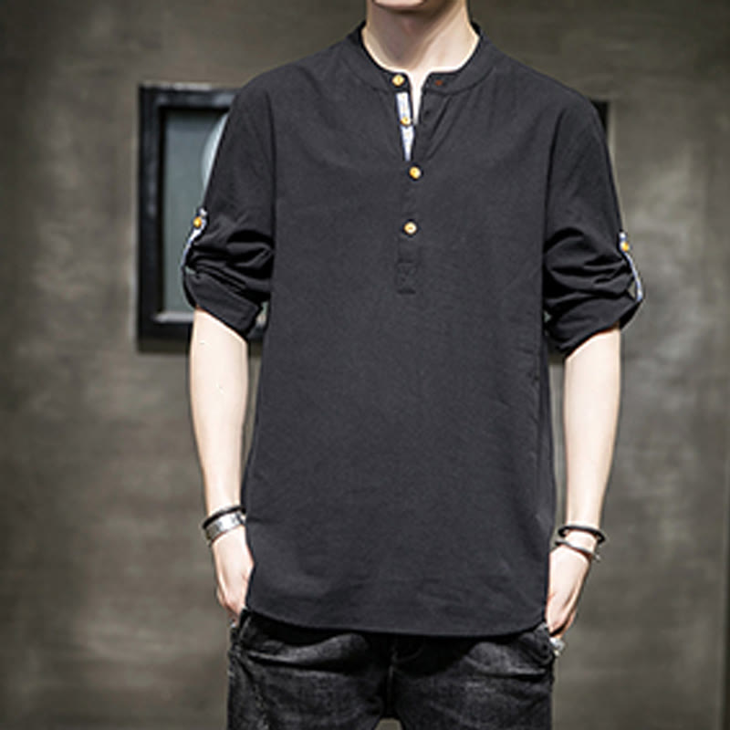 Buddha Stones Summer Solid Men's Half Buttons Half Sleeve Linen Shirt
