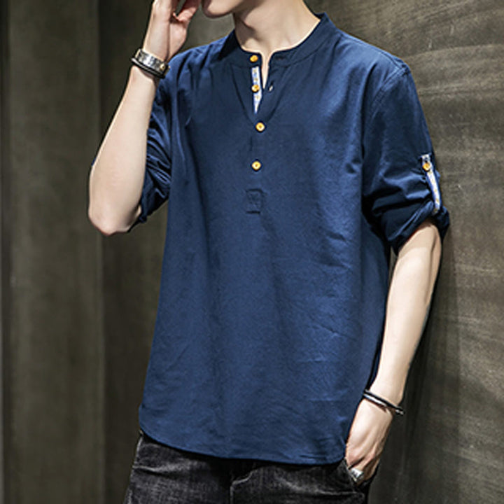 Buddha Stones Summer Solid Men's Half Buttons Half Sleeve Linen Shirt