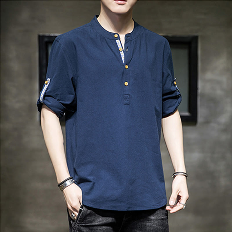 Buddha Stones Summer Solid Men's Half Buttons Half Sleeve Linen Shirt