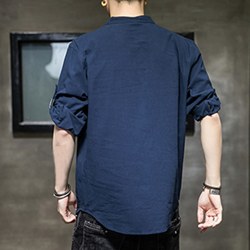 Buddha Stones Summer Solid Men's Half Buttons Half Sleeve Linen Shirt