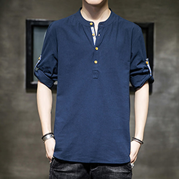 Buddha Stones Summer Solid Men's Half Buttons Half Sleeve Linen Shirt