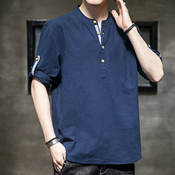 Buddha Stones Summer Solid Men's Half Buttons Half Sleeve Linen Shirt