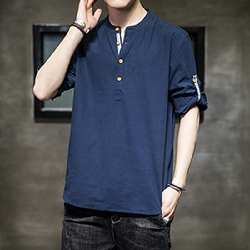 Buddha Stones Summer Solid Men's Half Buttons Half Sleeve Linen Shirt