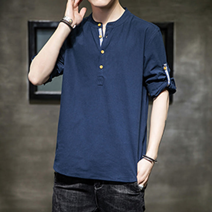 Buddha Stones Summer Solid Men's Half Buttons Half Sleeve Linen Shirt