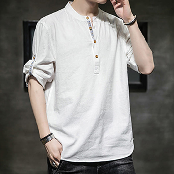 Buddha Stones Summer Solid Men's Half Buttons Half Sleeve Linen Shirt