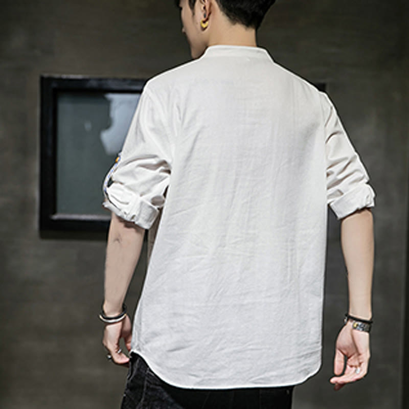 Buddha Stones Summer Solid Men's Half Buttons Half Sleeve Linen Shirt