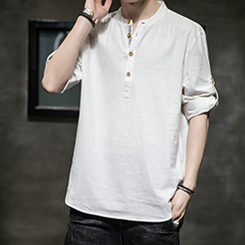Buddha Stones Summer Solid Men's Half Buttons Half Sleeve Linen Shirt