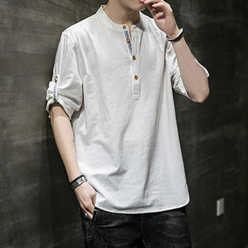 Buddha Stones Summer Solid Men's Half Buttons Half Sleeve Linen Shirt
