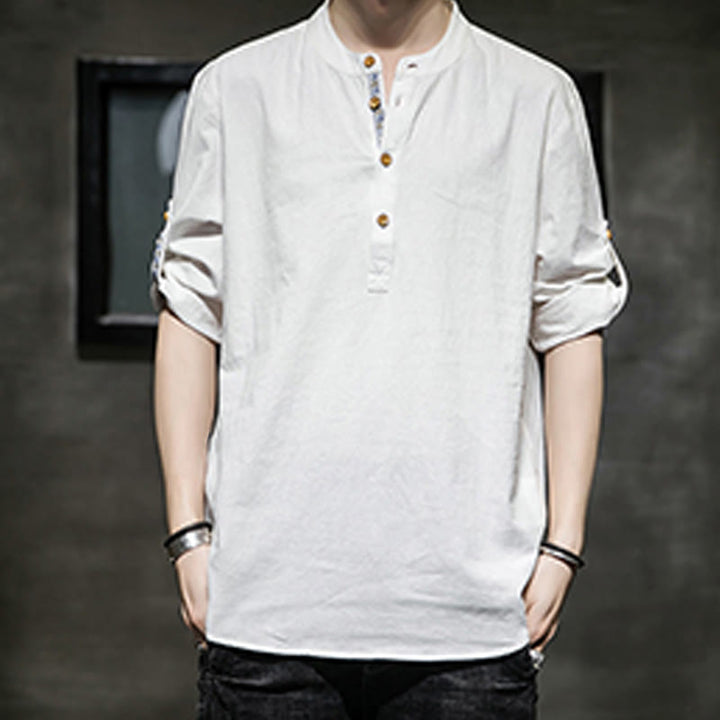 Buddha Stones Summer Solid Men's Half Buttons Half Sleeve Linen Shirt
