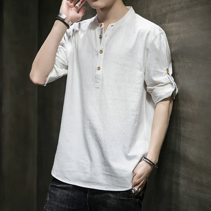 Buddha Stones Summer Solid Men's Half Buttons Half Sleeve Linen Shirt