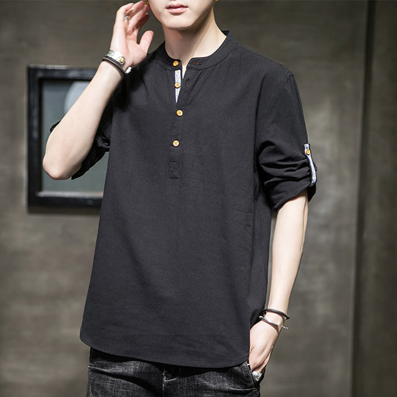 Buddha Stones Summer Solid Men's Half Buttons Half Sleeve Linen Shirt