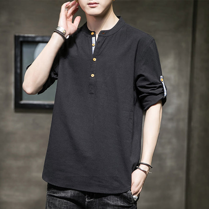 Buddha Stones Summer Solid Men's Half Buttons Half Sleeve Linen Shirt