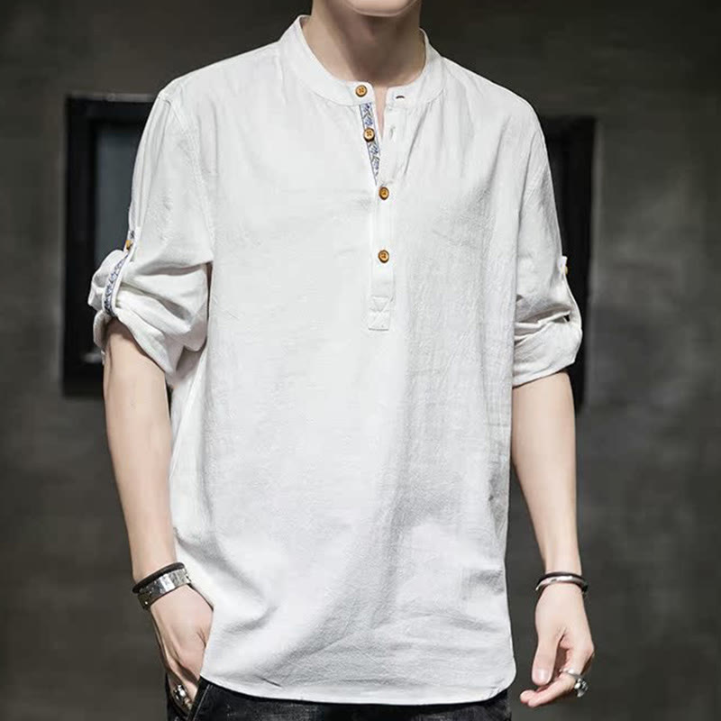 Buddha Stones Summer Solid Men's Half Buttons Half Sleeve Linen Shirt