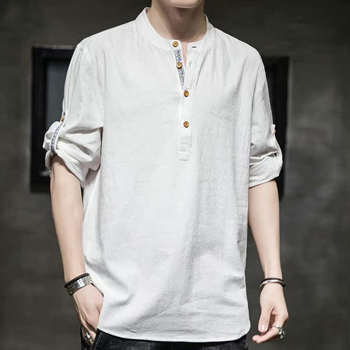 Buddha Stones Summer Solid Men's Half Buttons Half Sleeve Linen Shirt