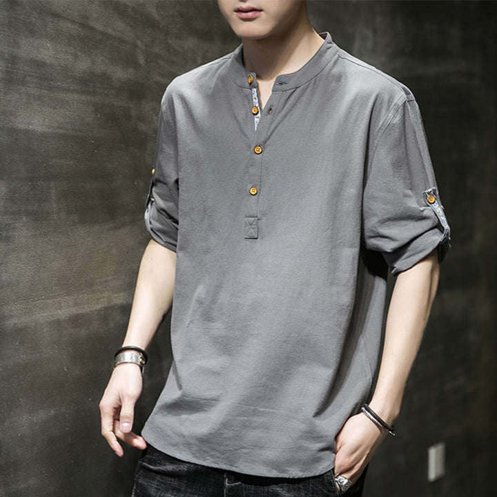 Buddha Stones Summer Solid Men's Half Buttons Half Sleeve Linen Shirt