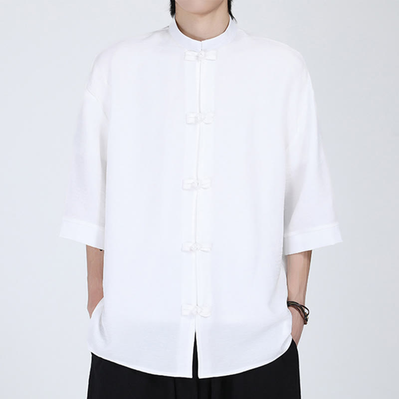 Buddha Stones Plain Tang Suit Frog-Button Design Men's Half Sleeve Shirt