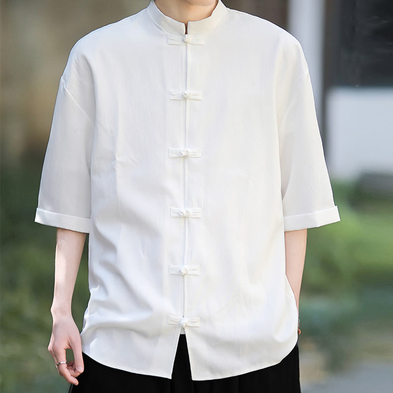 Buddha Stones Plain Tang Suit Frog-Button Design Men's Half Sleeve Shirt