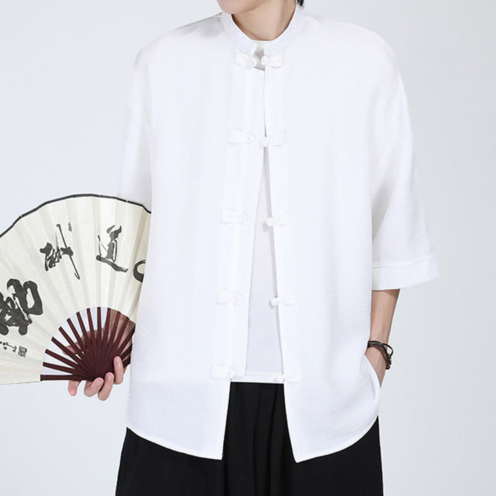 Buddha Stones Plain Tang Suit Frog-Button Design Men's Half Sleeve Shirt