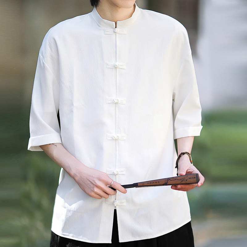 Buddha Stones Plain Tang Suit Frog-Button Design Men's Half Sleeve Shirt