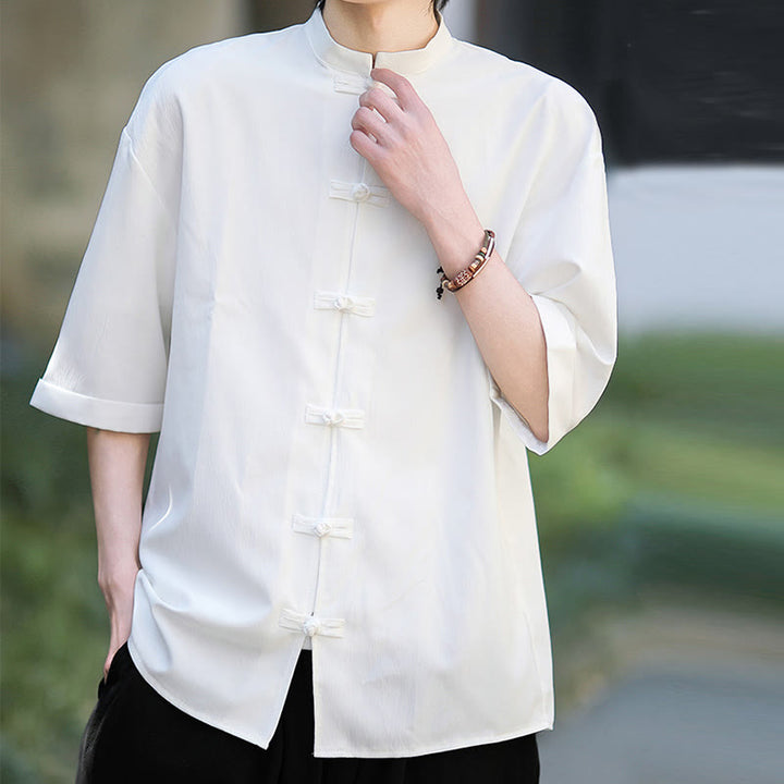 Buddha Stones Plain Tang Suit Frog-Button Design Men's Half Sleeve Shirt